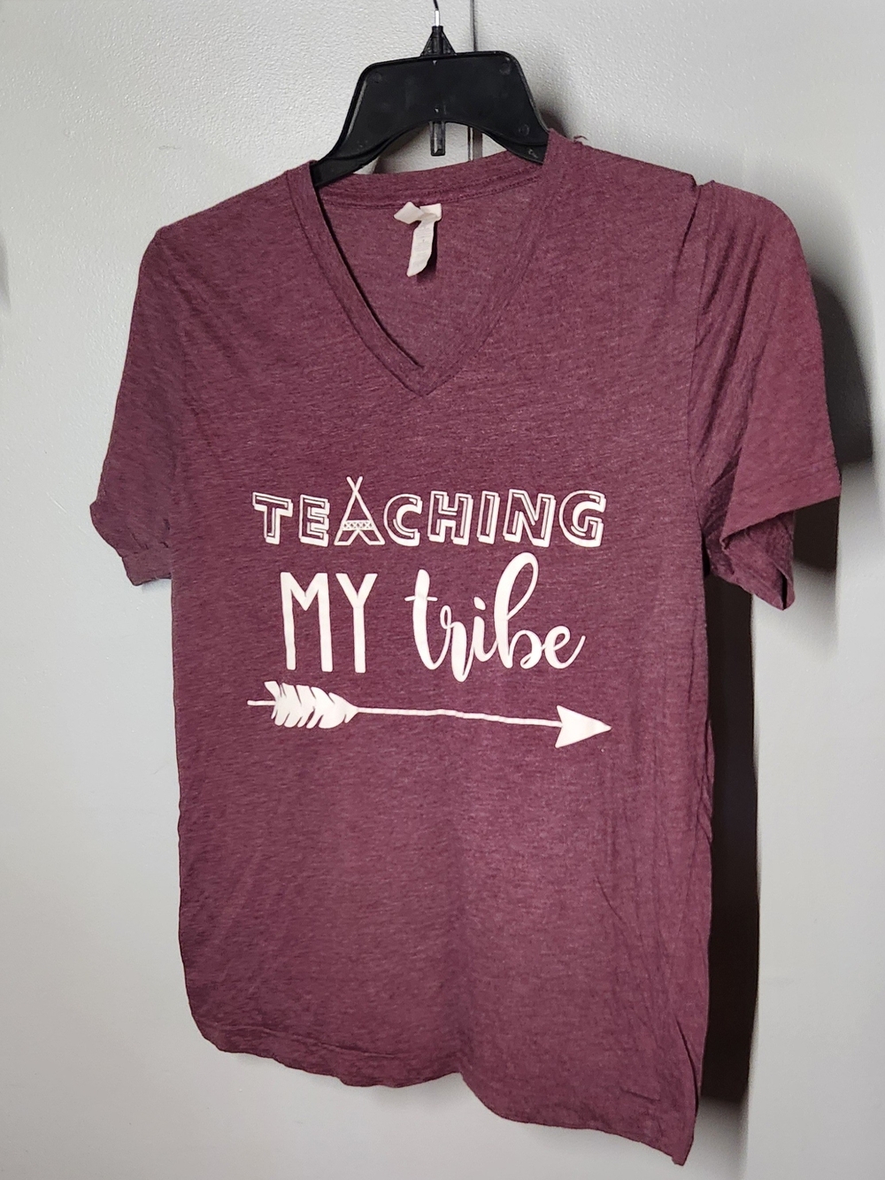 Bella Canvas Maroon V-Neck Tee with 'Teaching My Tribe' Graphic Womens Large